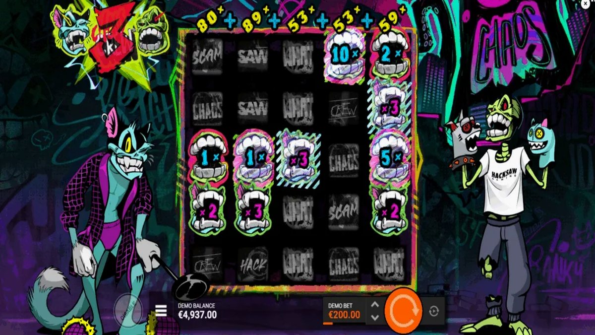 Chaos Crew 3 bonus round showing multiple reel multipliers stacking with Milo active