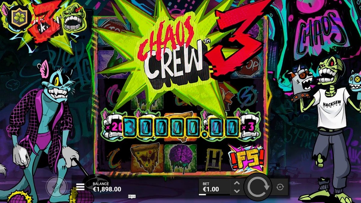 Chaos Crew 3 demo slot gameplay showing 5x5 grid with Cranky Cat multipliers active